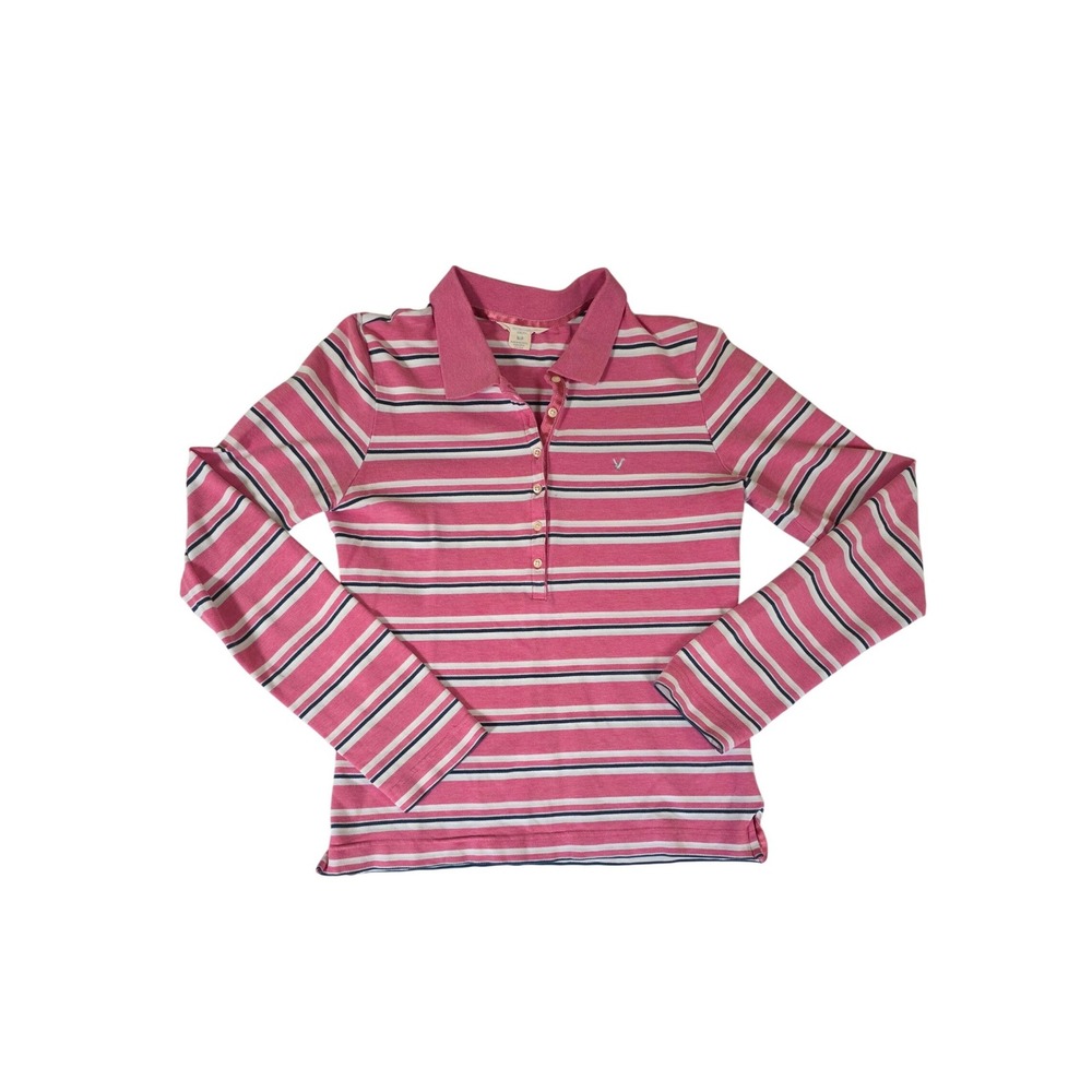 American Eagle Long Sleeve Polo Striped Stretch Logo Medium Pink Preppy Y2K